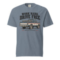 blue men's t-shirt that says Work hard. Drive Free. above a vintage American truck colored dusty red, white and blue