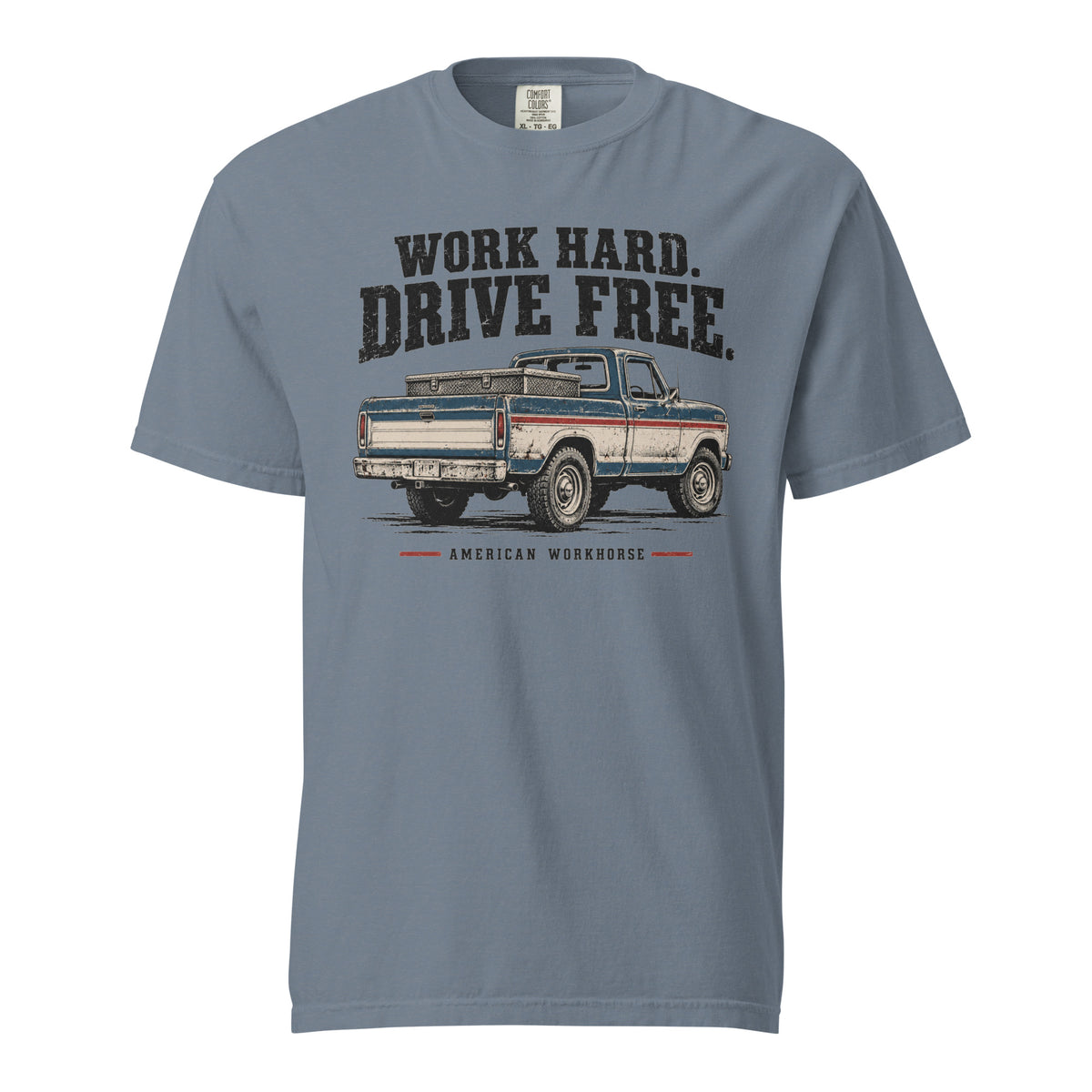 blue men's t-shirt that says Work hard. Drive Free. above a vintage American truck colored dusty red, white and blue