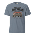 blue men's t-shirt that says Dir Road American above a vintage American truck colored dusty red on a dirt road silhouette