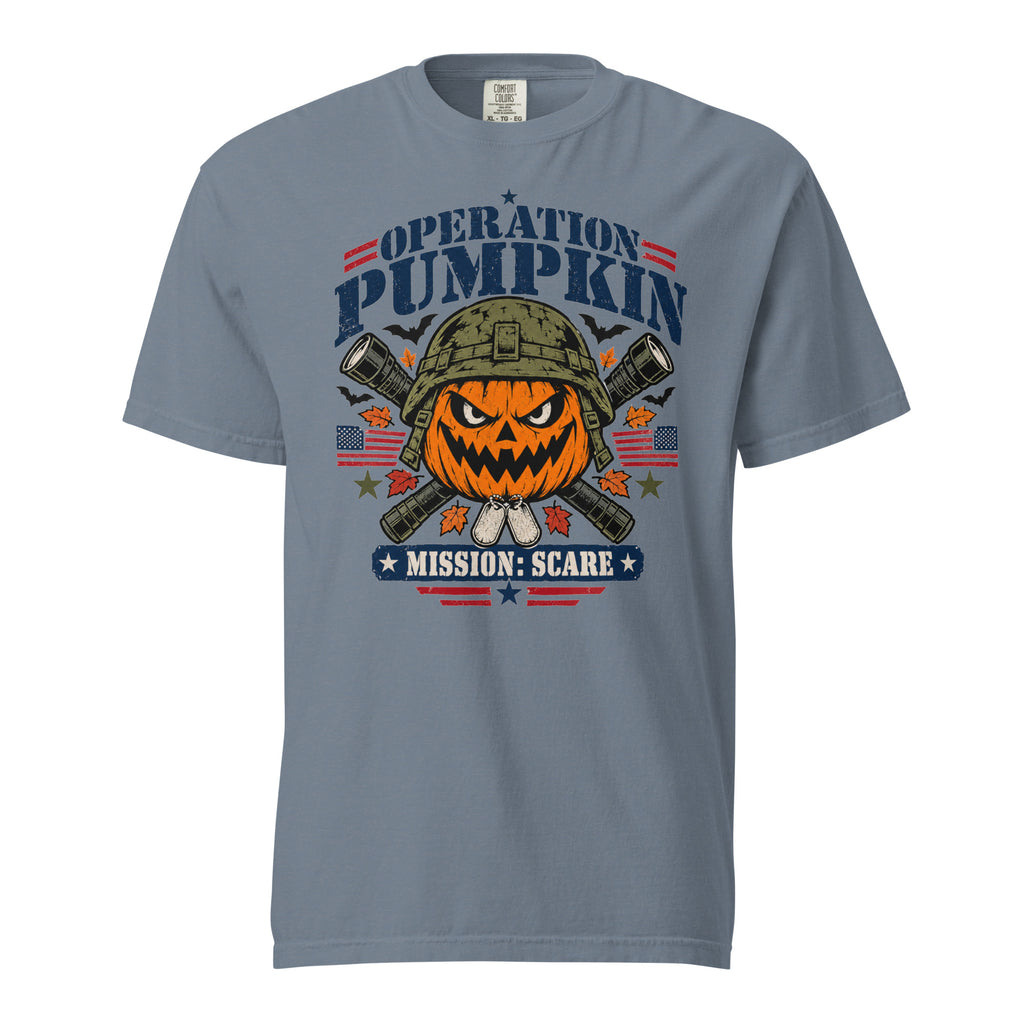 blue t-shirt with military pumpkin focal point, text saying "Operation pumpkin, Mission: Scare" along the top and bottom, with bats, leaves, and other fall accents