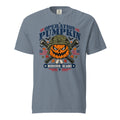blue t-shirt with military pumpkin focal point, text saying "Operation pumpkin, Mission: Scare" along the top and bottom, with bats, leaves, and other fall accents