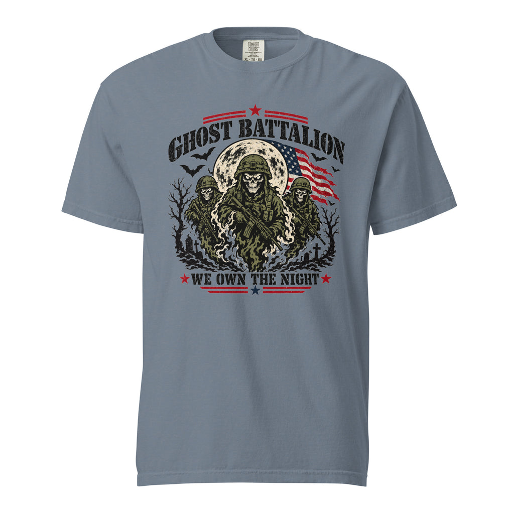 blue t-shirt with three skeleton military soldiers in spooky scene with Ghost Battalion written above and We Own the Night below