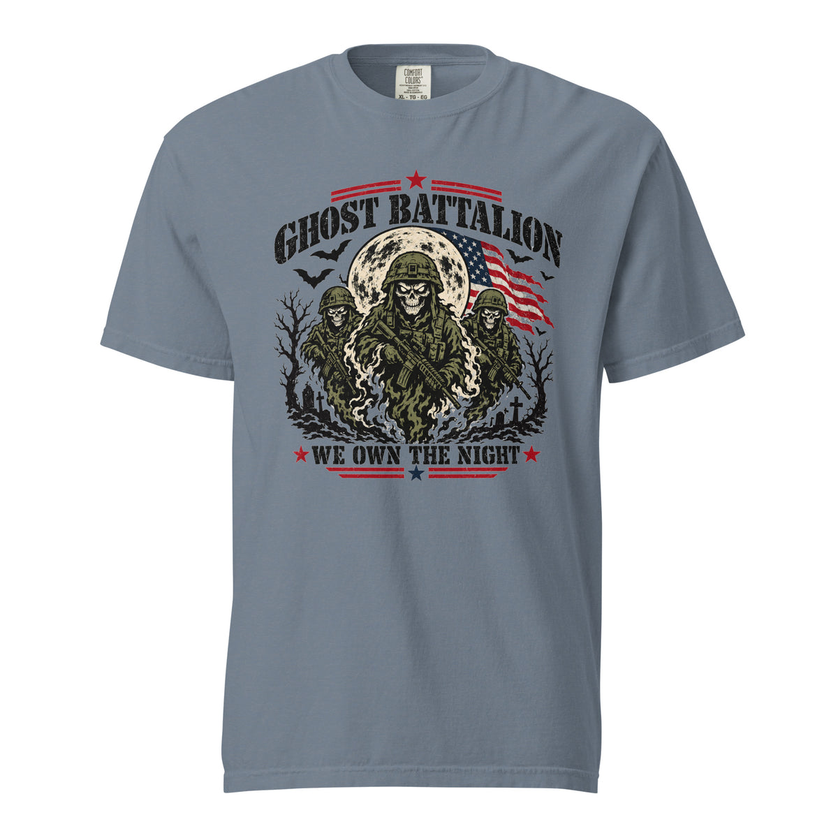 blue t-shirt with three skeleton military soldiers in spooky scene with Ghost Battalion written above and We Own the Night below