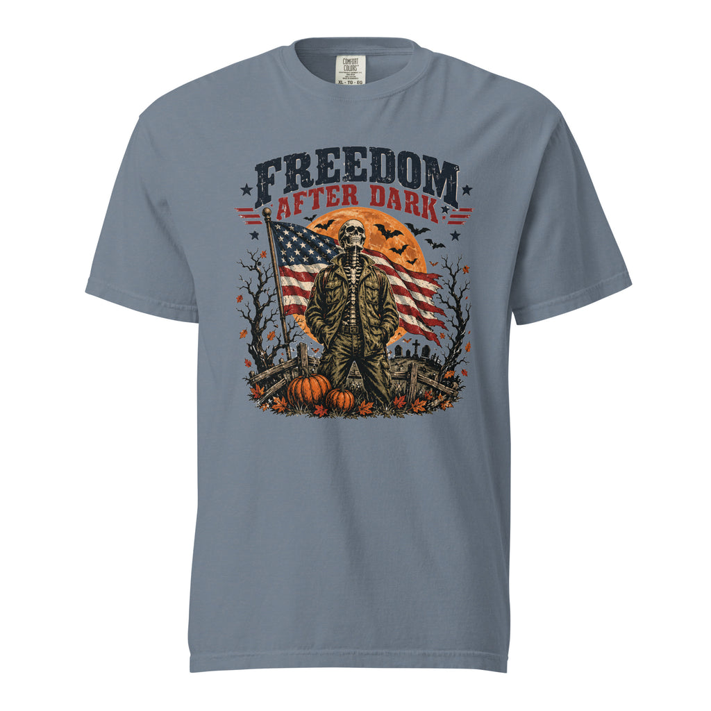 blue t-shirt with skeleton in front of American flag and moon, with Freedom after dark text above, and Halloween icon detail accents