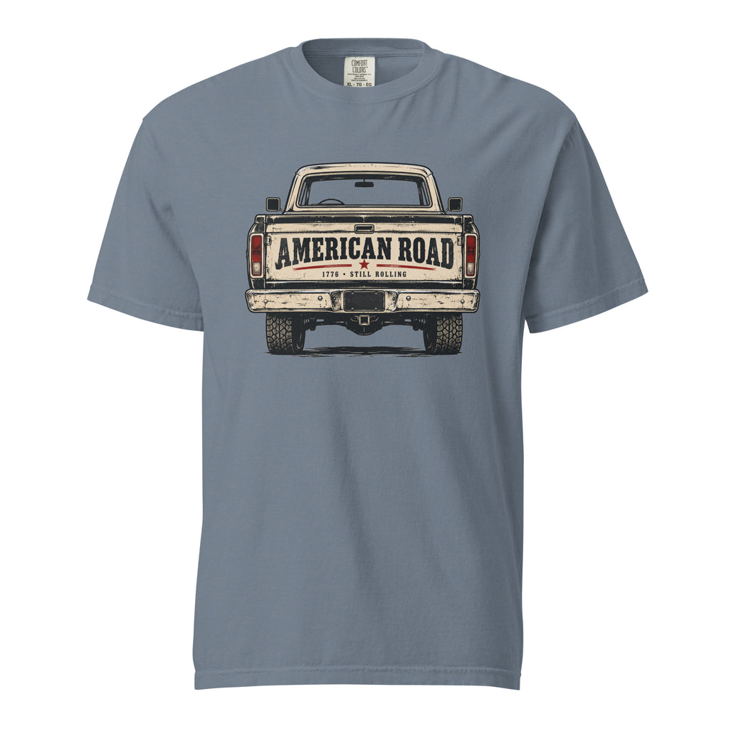 blue men's t-shirt with American Road written across the tailgate of a vintage American truck
