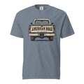 blue men's t-shirt with American Road written across the tailgate of a vintage American truck