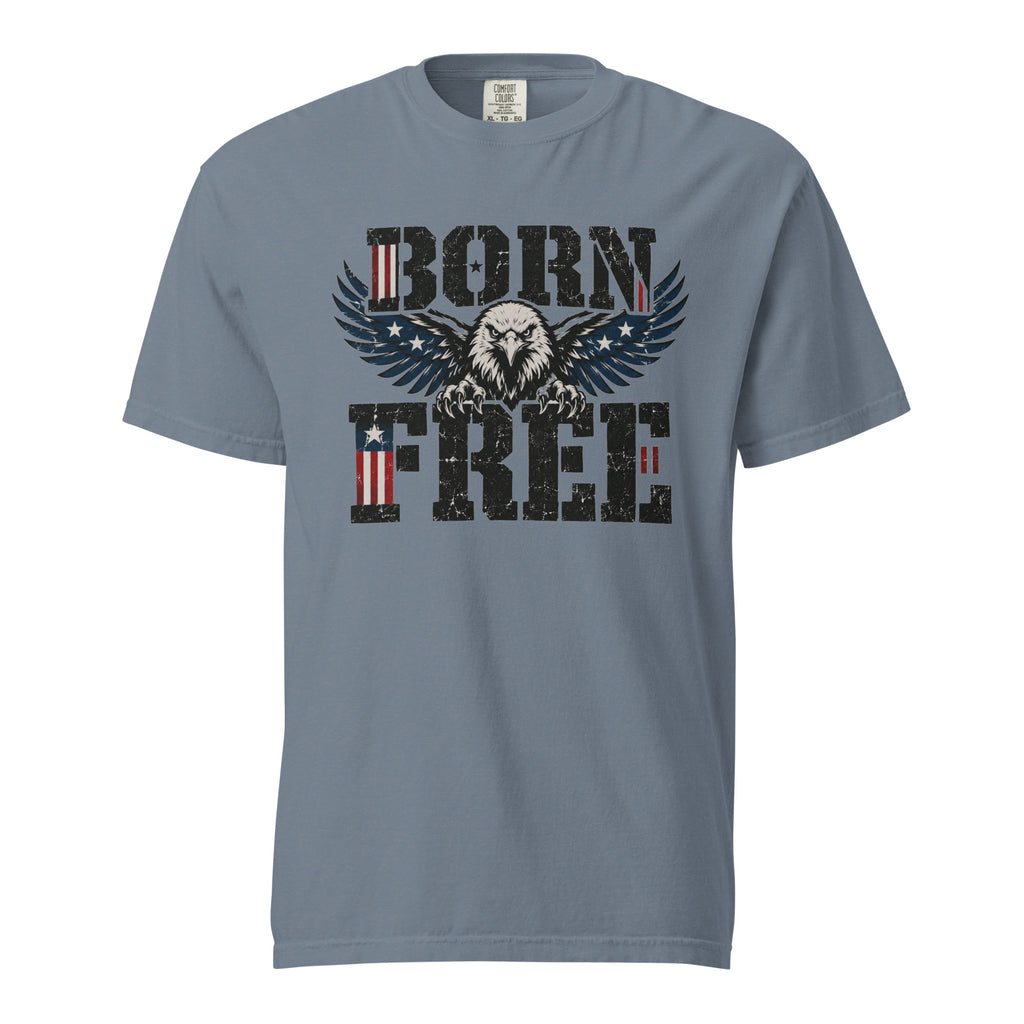 blue men's t-shirt with Born Free written in large letters and an eagle breaking through between them
