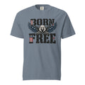 blue men's t-shirt with Born Free written in large letters and an eagle breaking through between them