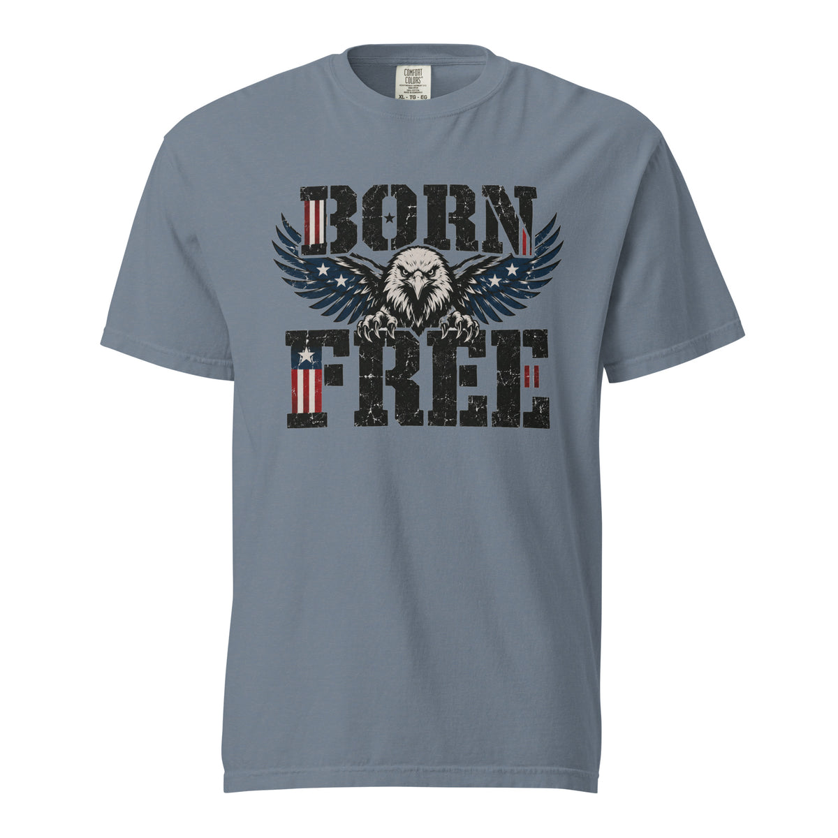 blue men's t-shirt with Born Free written in large letters and an eagle breaking through between them