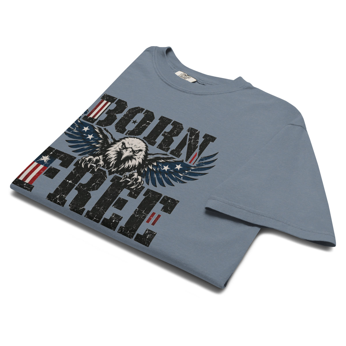 blue men's t-shirt with Born Free written in large letters and an eagle breaking through between them