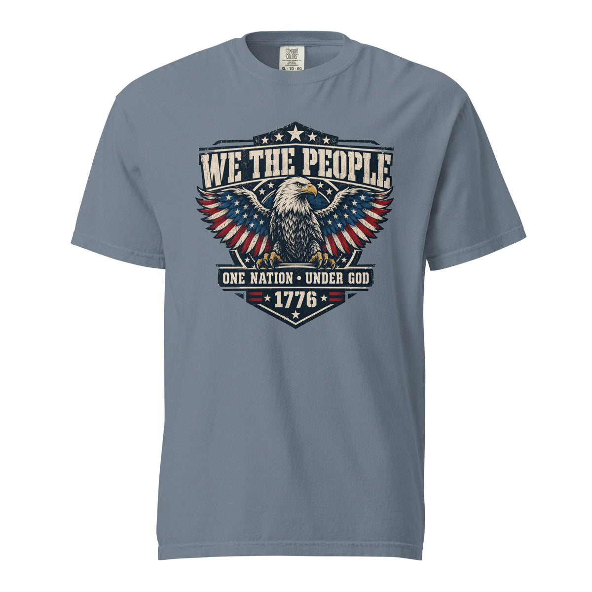 gray men's t-shirt with "we the people" across the top and an eagle graphic below, with written "One nation under god" and "1776" at the bottom