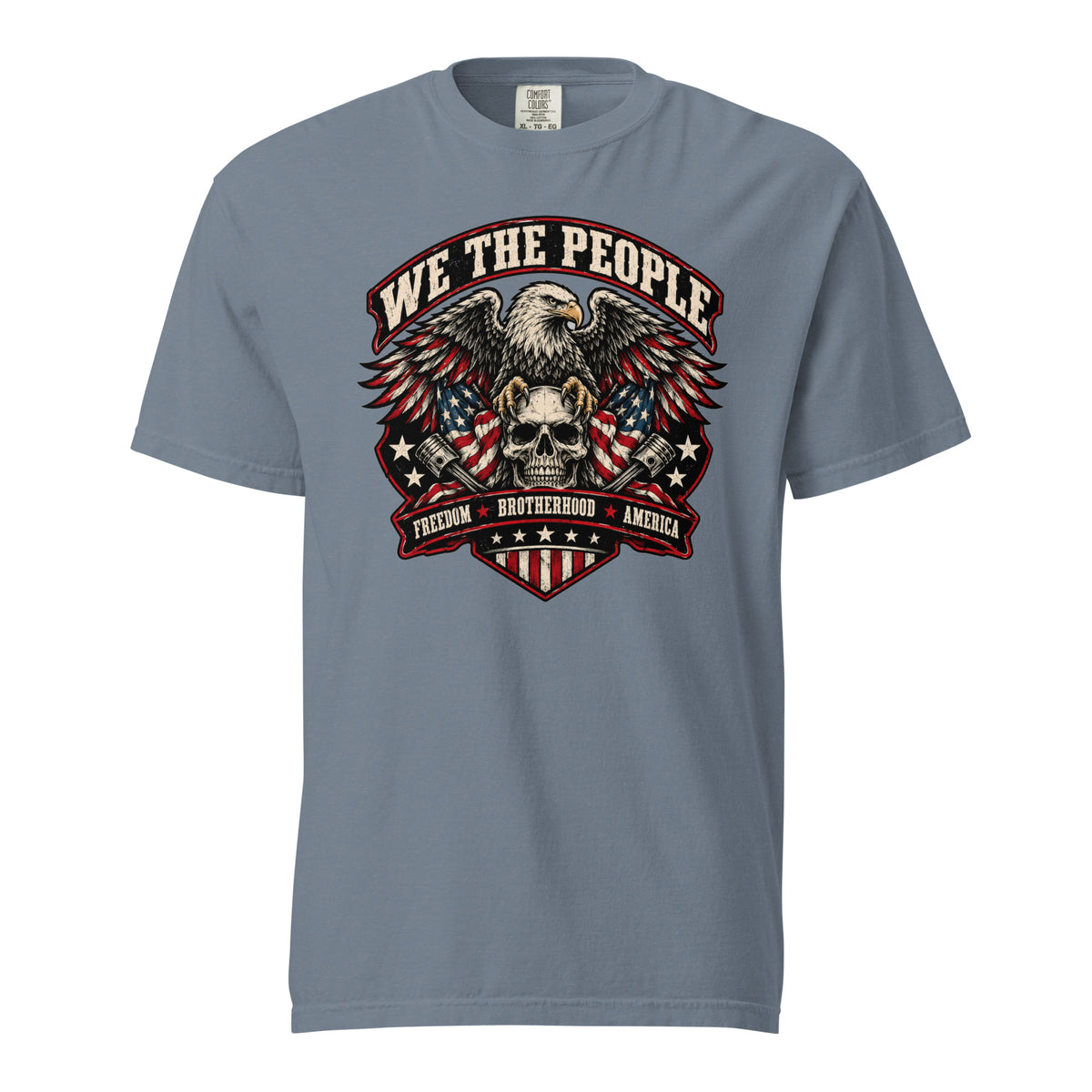 blue men's t-shirt with "we the people" across the top and an eagle standing on a skull graphic below, with written "Freedom Brotherhood America" at the bottom