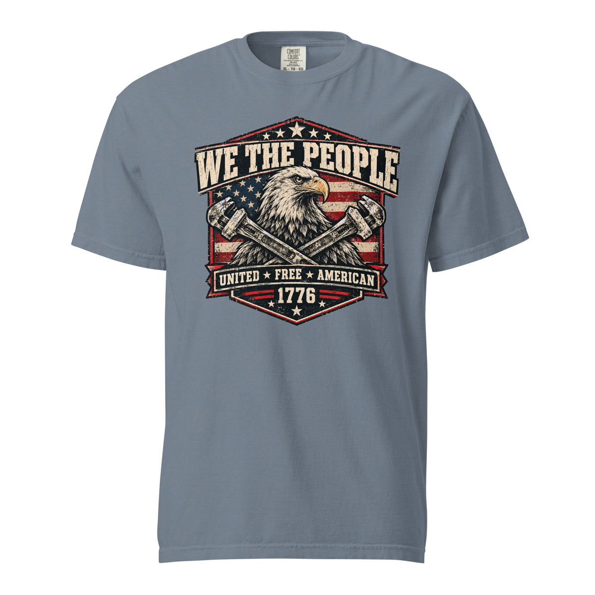 gray men's t-shirt with "we the people" across the top and an eagle with two wrenches graphic below, with written "United Free America" at the bottom