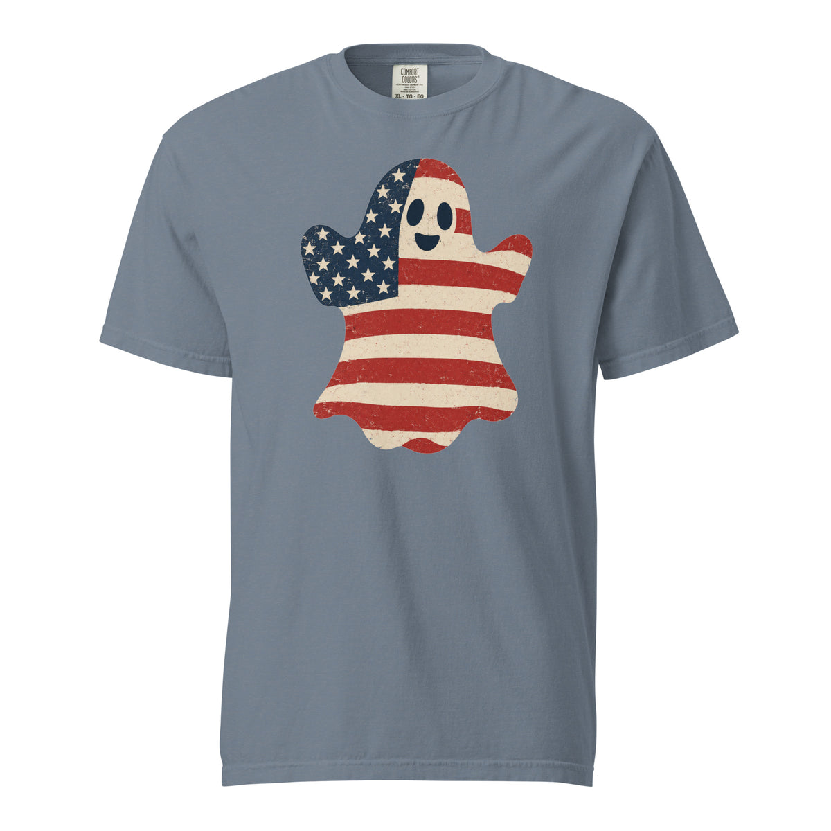 men's blue t-shirt for Halloween with a simple ghost silhouette filled with vintage American flag
