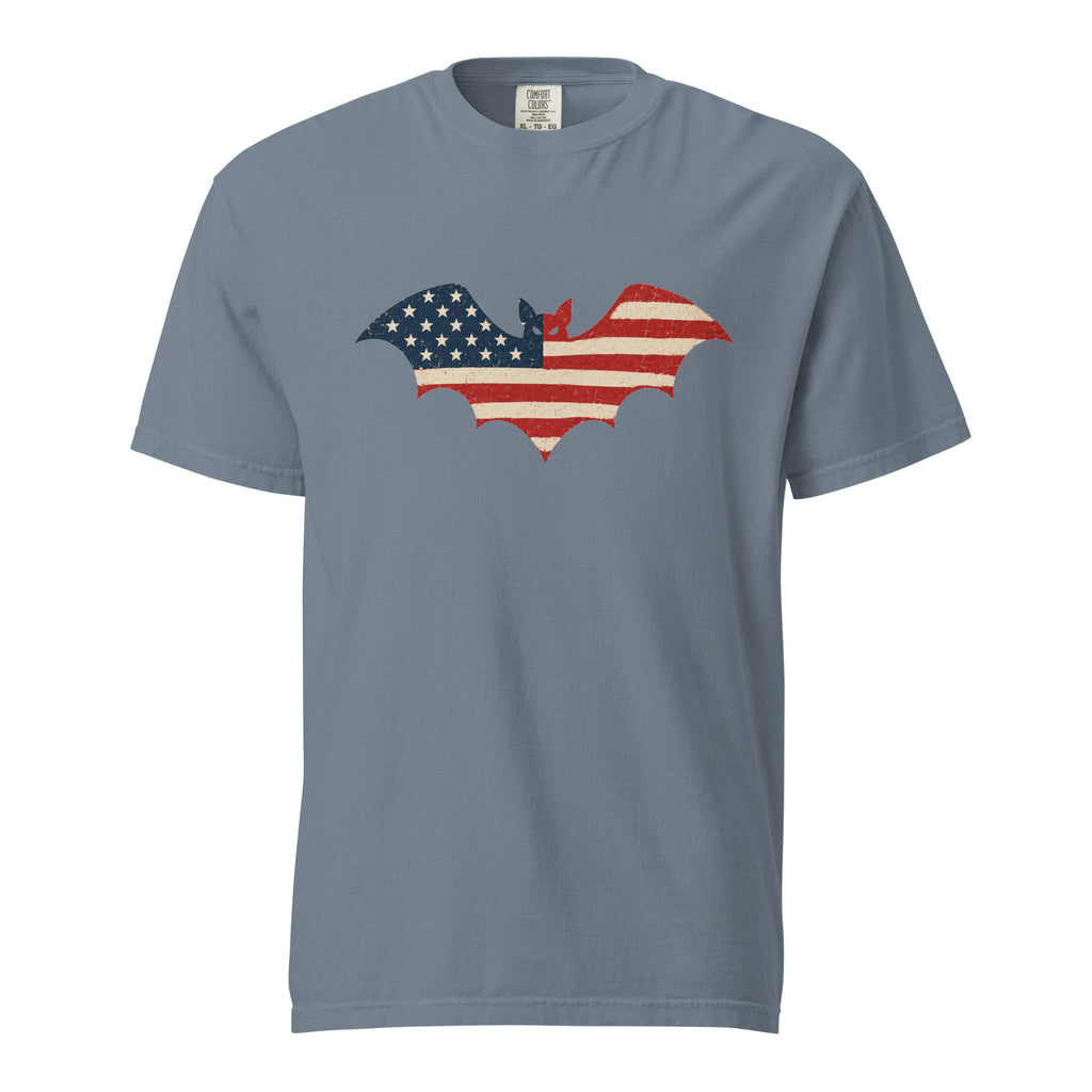 blue men's t-shirt for Halloween with a simple bat silhouette filled with vintage American flag