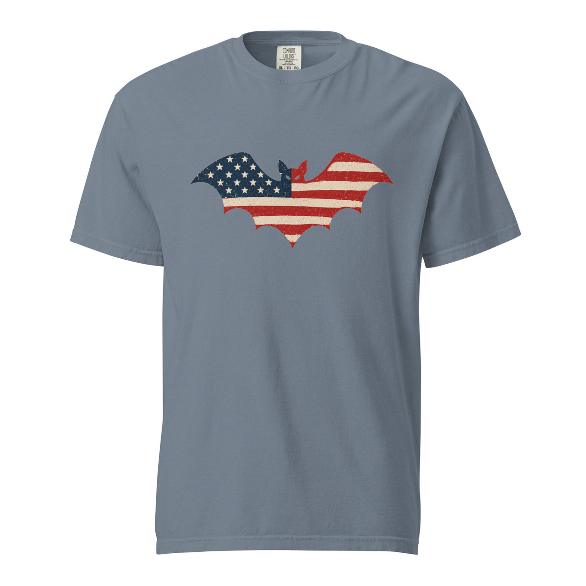 blue men's t-shirt for Halloween with a simple bat silhouette filled with vintage American flag