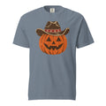 blue men's t-shirt for Halloween with a simple pumpkin carved silhouette with vintage American cowboy hat on top