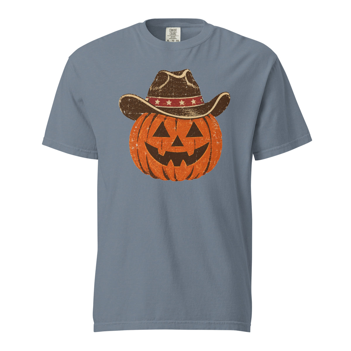 blue men's t-shirt for Halloween with a simple pumpkin carved silhouette with vintage American cowboy hat on top