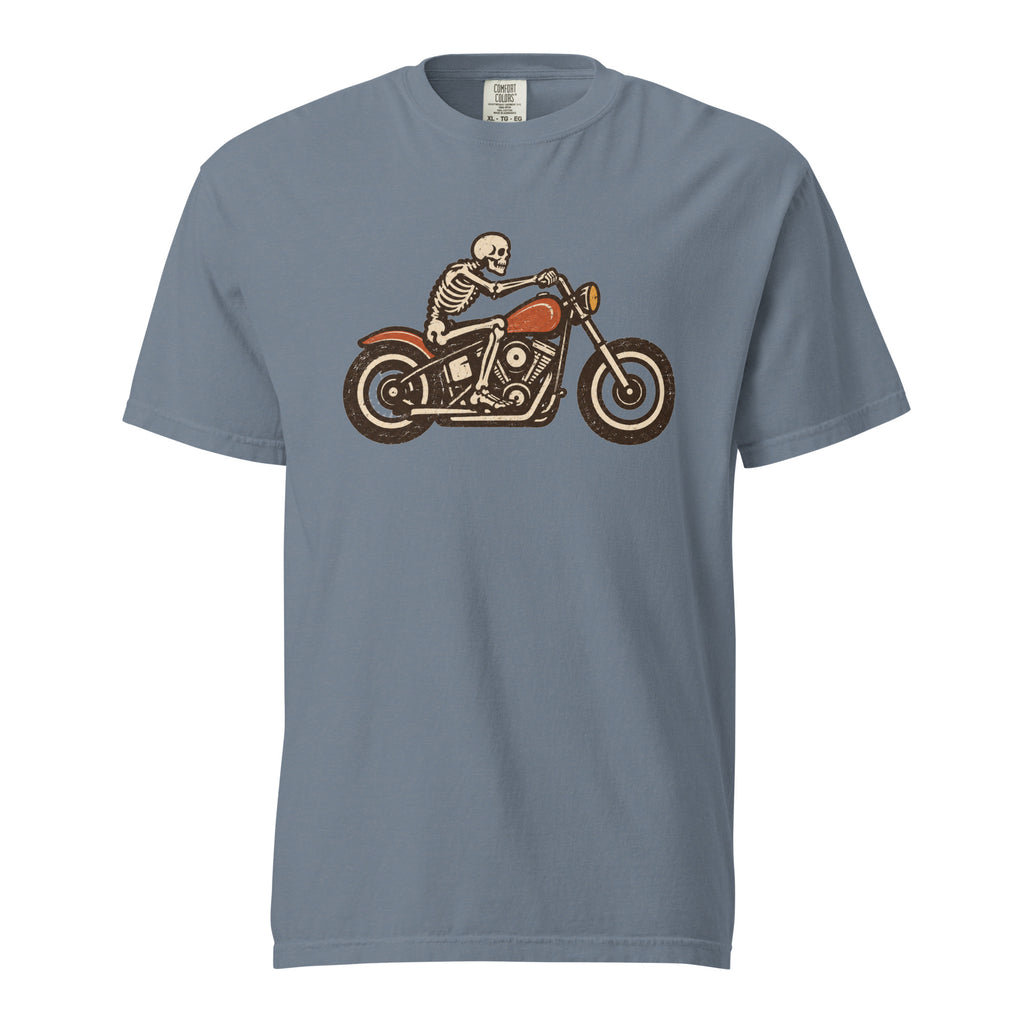 blue men's Halloween t-shirt with vintage print of skeleton riding a motorcycle simple graphic
