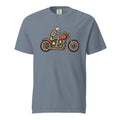 blue men's Halloween t-shirt with vintage print of skeleton riding a motorcycle simple graphic