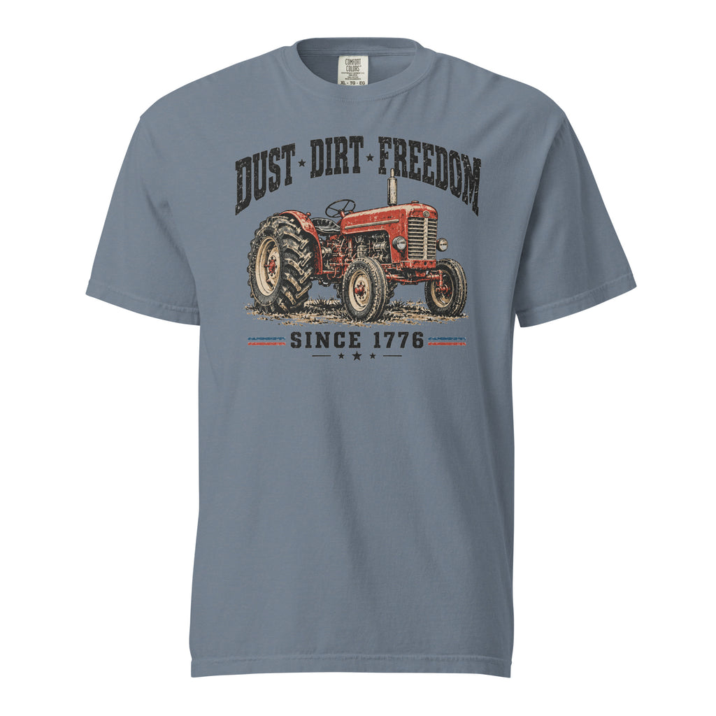 men's blue t-shirt with vintage red tractor graphic, and the words "Dust dirt freedom, since 1776" written above and below