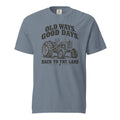 men's blue t-shirt with vintage tractor graphic, and the words "old ways. good days. back to the land" written above and below