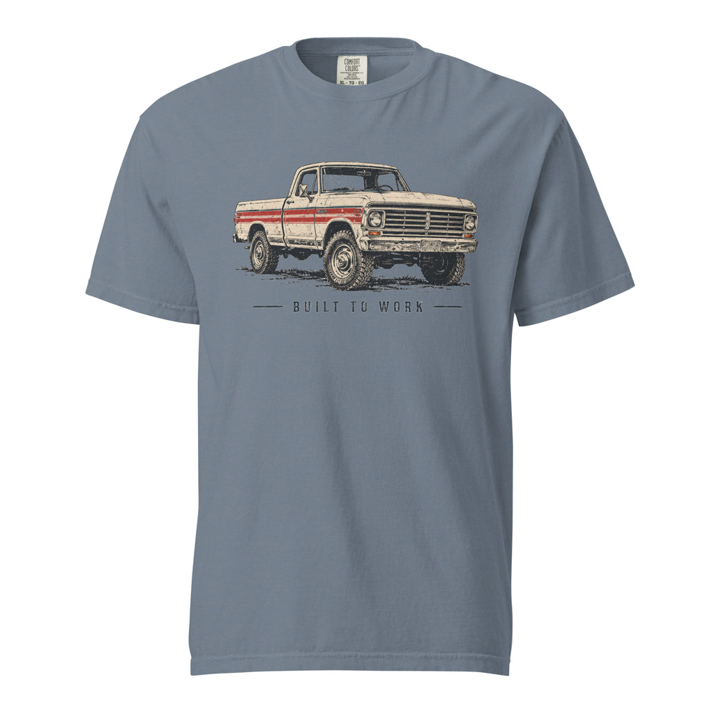 men's blue t-shirt with a large vintage truck graphic and "built to work" in small lettering beneath it