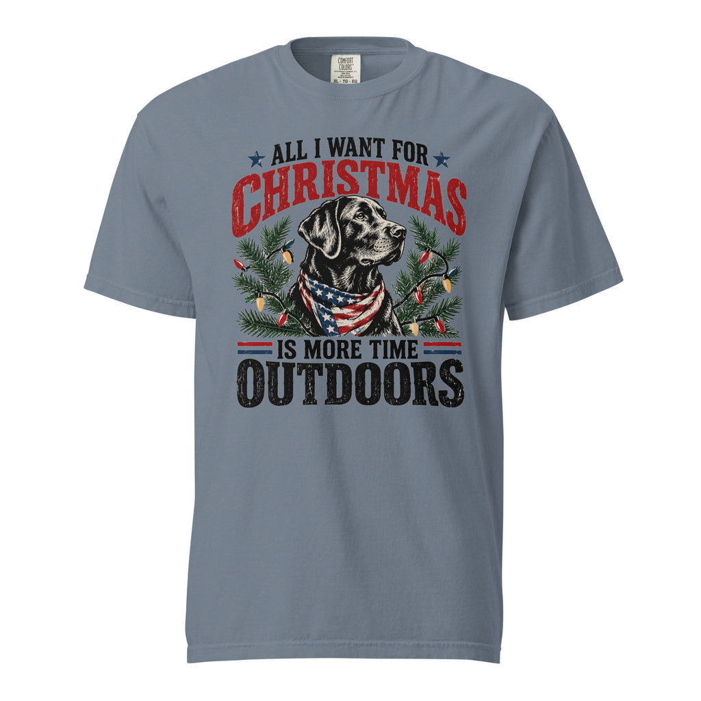 men's blue Christmas t-shirt with a dog and "All I want for christmas is more time outdoors" written across the top and bottom