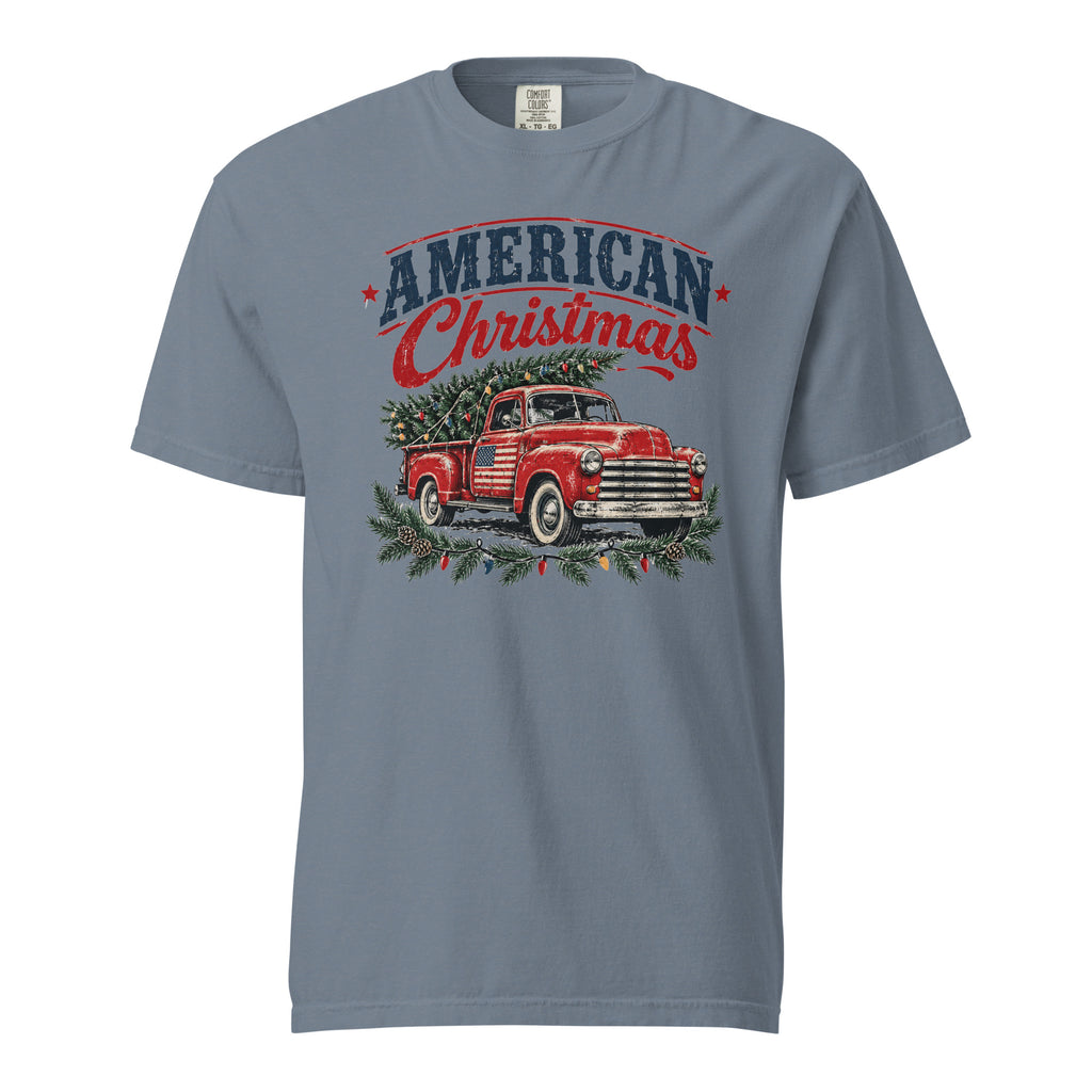 men's blue Christmas t-shirt with an old truck and tree and "American Christmas" written across the top 