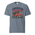 men's blue Christmas t-shirt with an old truck and tree and "American Christmas" written across the top 