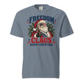 men's blue Christmas t-shirt with patriotic Santa and "Freedom Claus, Merry Christmas" written along the top and bottom
