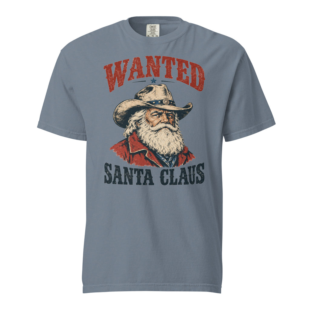 men's blue Christmas t-shirt with outlaw santa and "wanted" above and "santa claus" below