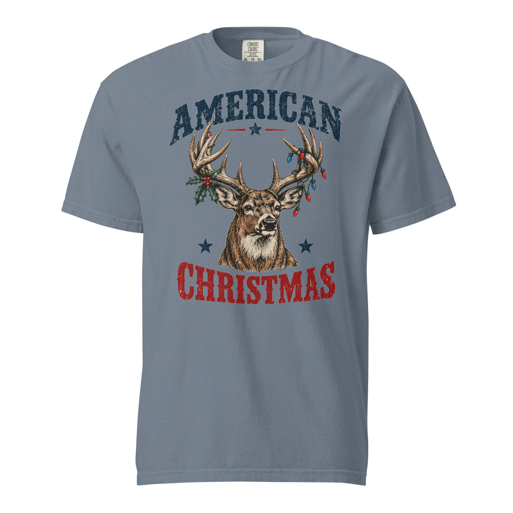 men's blue Christmas t-shirt that says "American Christmas" with a buck that has lights and holly on antlers