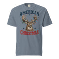men's blue Christmas t-shirt that says "American Christmas" with a buck that has lights and holly on antlers