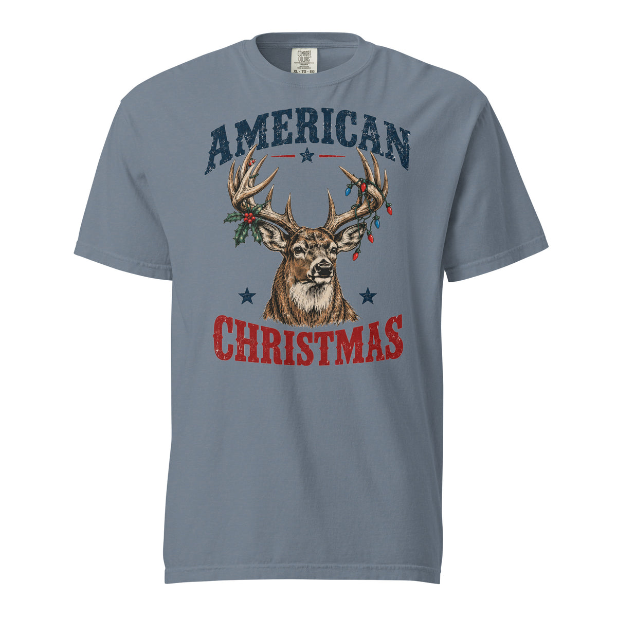 men's blue Christmas t-shirt that says "American Christmas" with a buck that has lights and holly on antlers