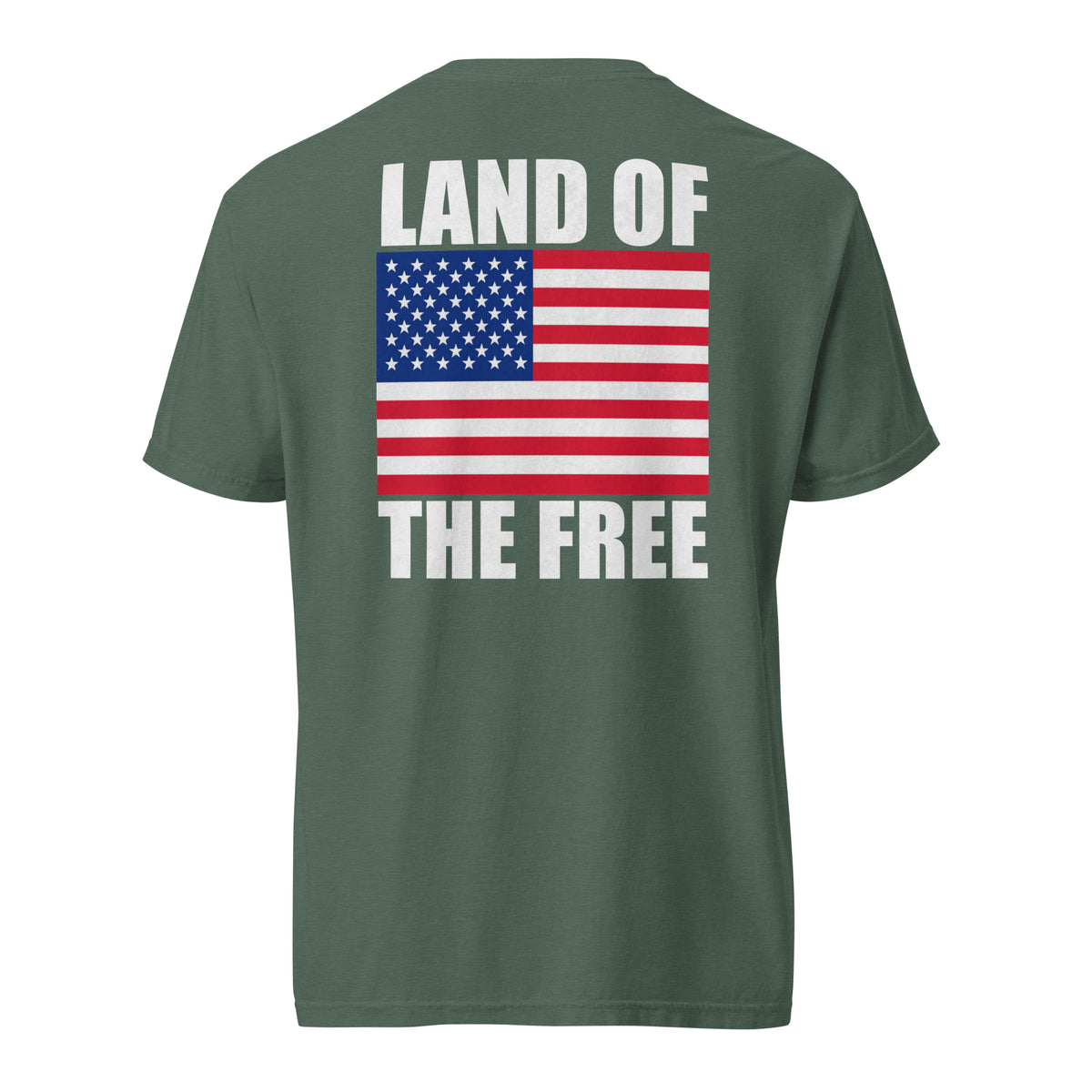 Men's green t-shirt with Land of the free written above and below an American flag