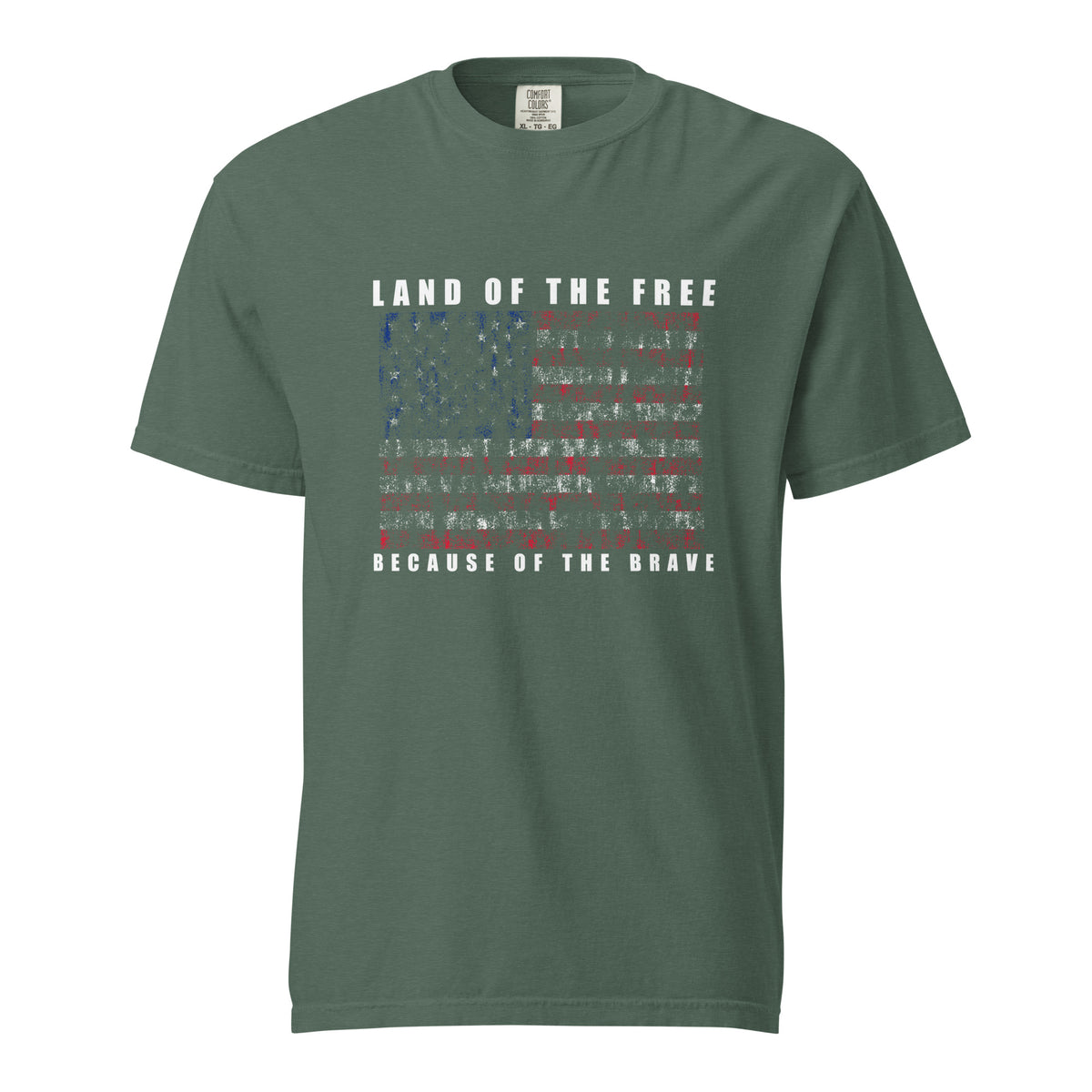 Men's green t-shirt with land of the free because of the brave written above and below a distressed American flag design