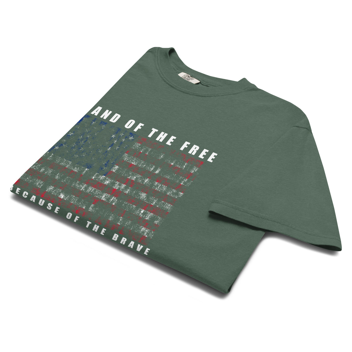 Men's green t-shirt with land of the free because of the brave written above and below a distressed American flag design
