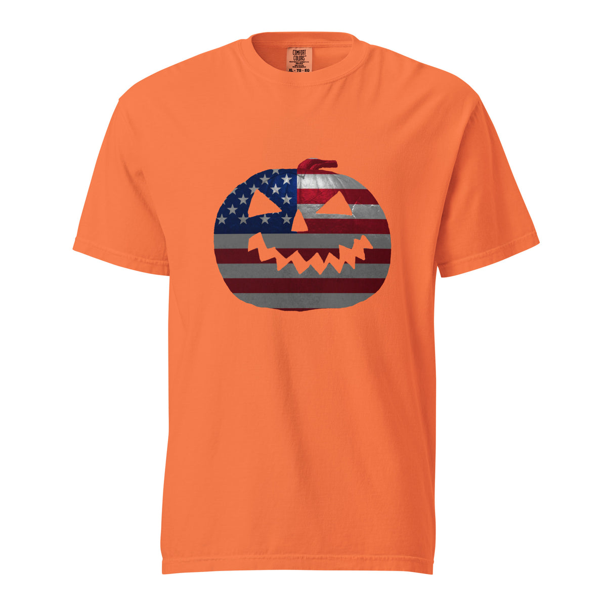 orange mens Halloween t-shirt with a jack-o-lantern pumpkin design and American flag