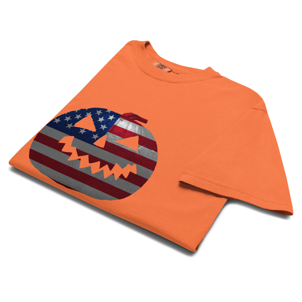 orange mens Halloween t-shirt with a jack-o-lantern pumpkin design and American flag