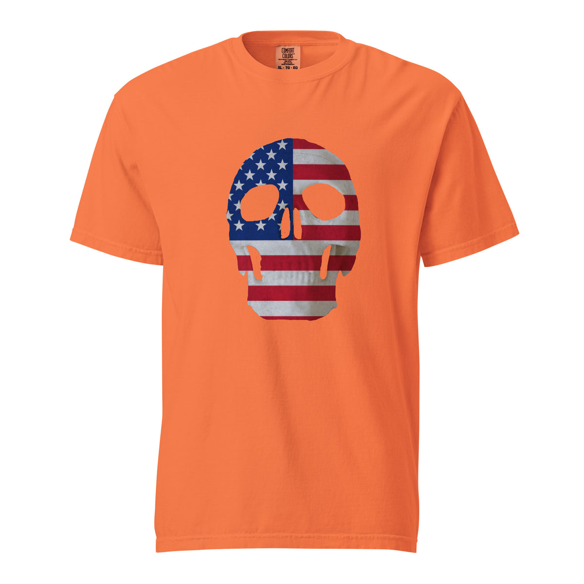 Men's orange t-shirt for Halloween with a skull and American flag combination on the front