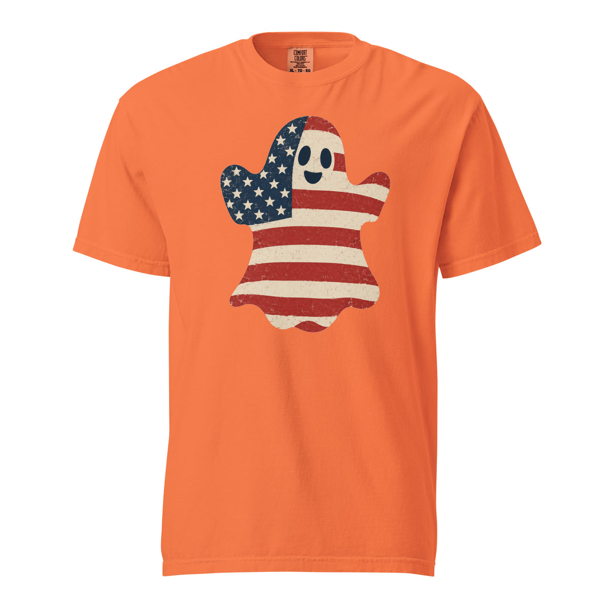 men's orange t-shirt for Halloween with a simple ghost silhouette filled with vintage American flag