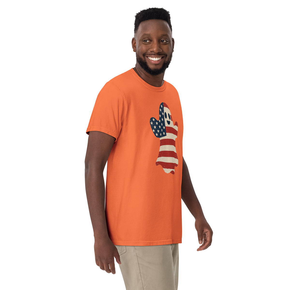 men's orange t-shirt for Halloween with a simple ghost silhouette filled with vintage American flag