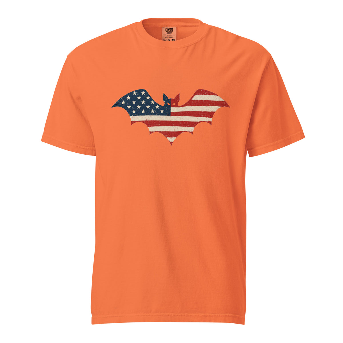 orange men's t-shirt for Halloween with a simple bat silhouette filled with vintage American flag