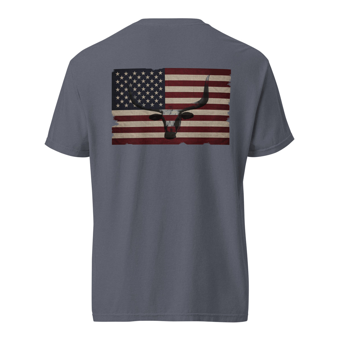 men's longhorn head and distressed American flag design back grey t-shirt
