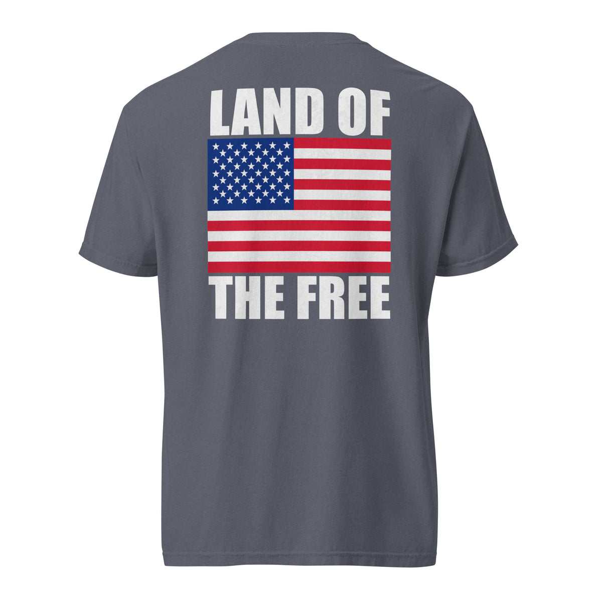 Men's grey t-shirt with Land of the free written above and below an American flag