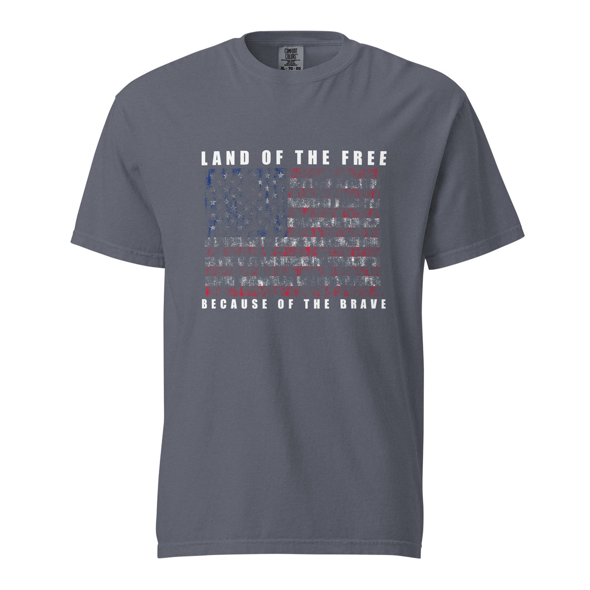 Men's blue t-shirt with land of the free because of the brave written above and below a distressed American flag design
