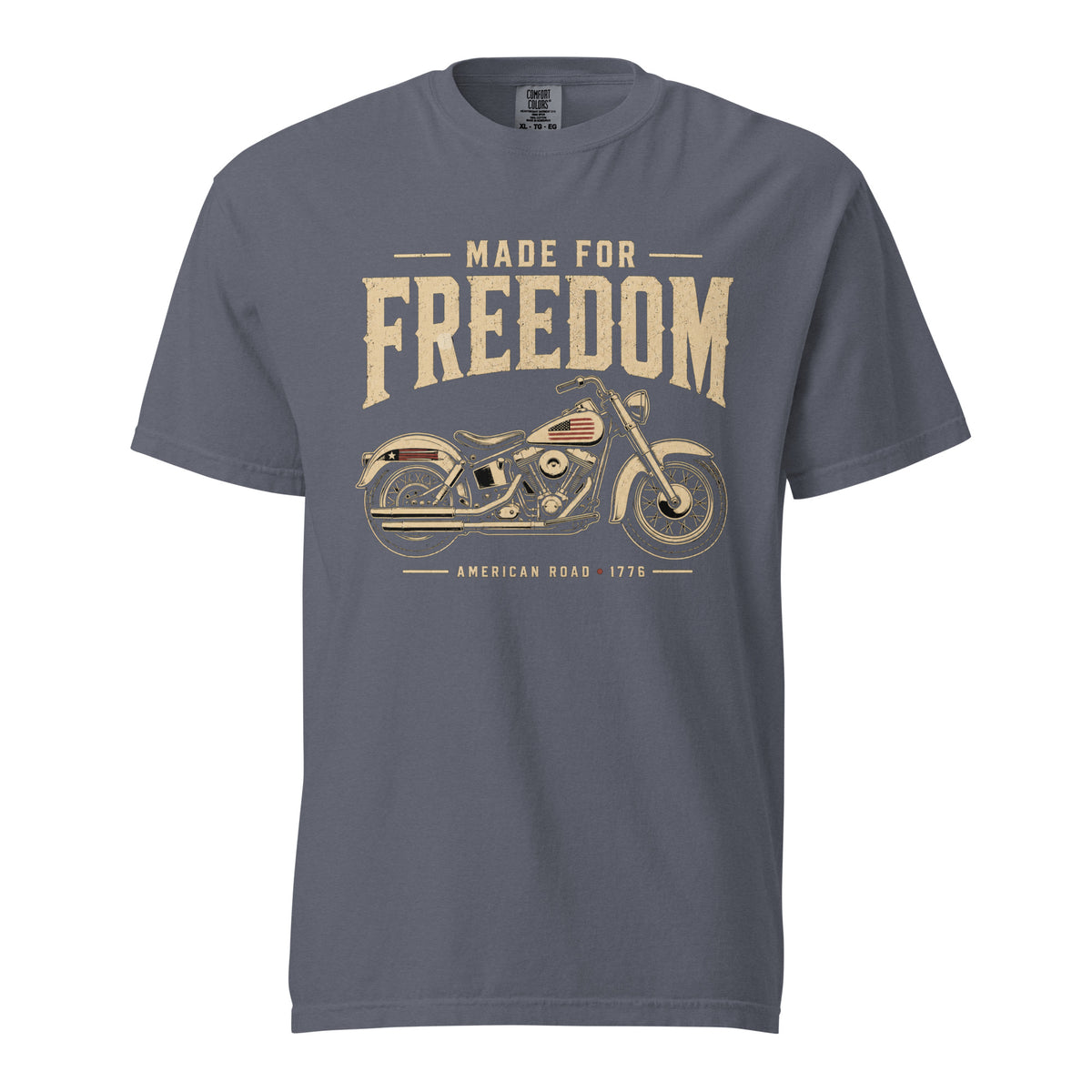 Men's gray t-shirt that says Made for Freedom above a classic motorcycle graphic, and American Road 1776 at the bottom