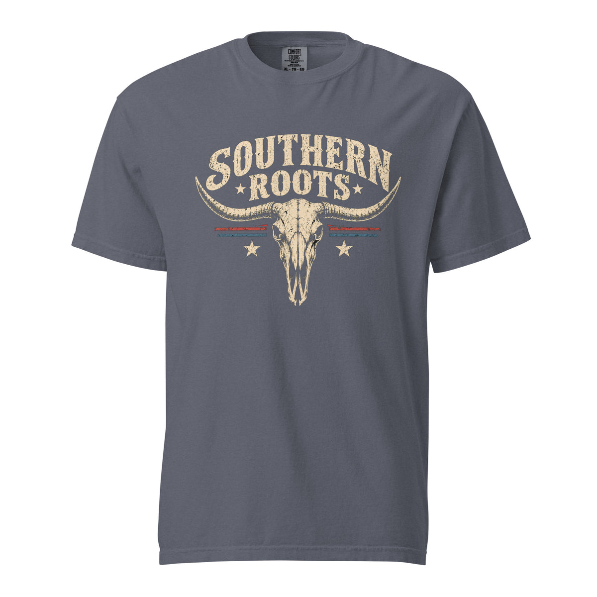 gray men's shirt with southern roots written above a longhorn bone silhouette with star and stripe accents