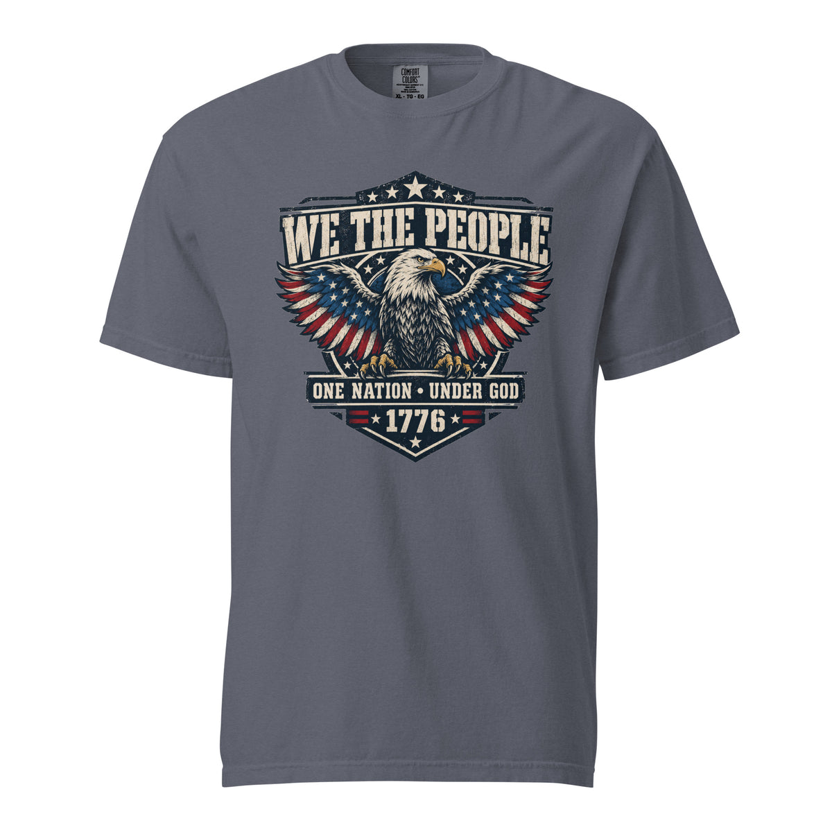 gray men's t-shirt with "we the people" across the top and an eagle graphic below, with written "One nation under god" and "1776" at the bottom